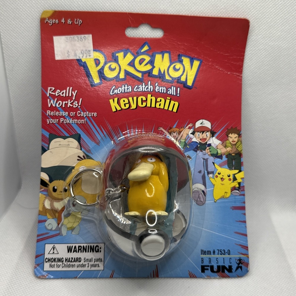 VTG 1999 Pokemon #54 Psyduck Pokeball Keychain Basic Fun 753-0 Nintendo New